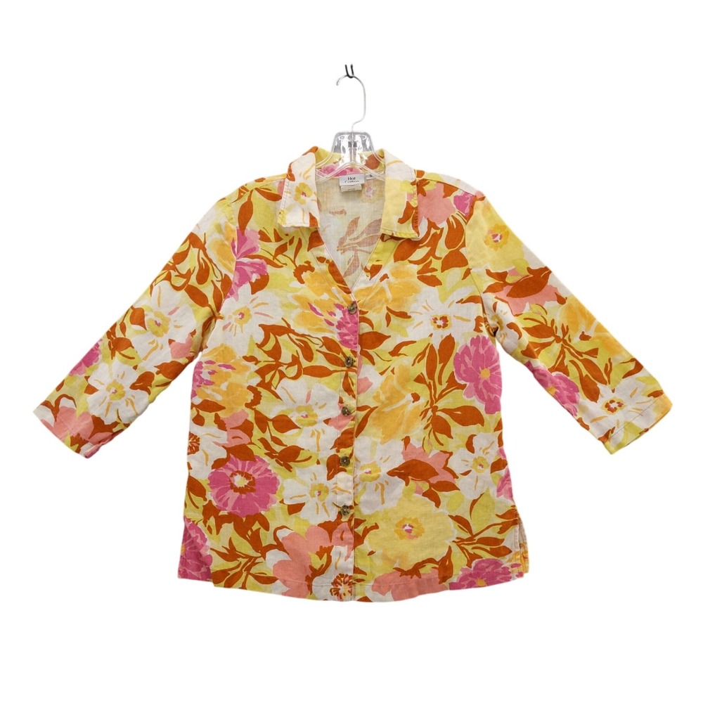 Hot Cotton Floral Linen Button Down Shirt Lightweight Summer Top Size S